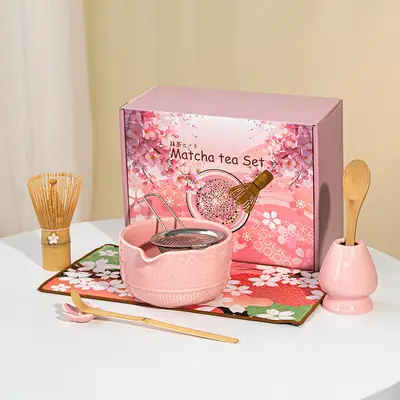 Cross-Border Japanese Matcha Tea Set 7-Piece Pink Ceramic Bowl