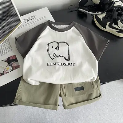 Children Summer Shorts Set Olive Green Cartoon Print