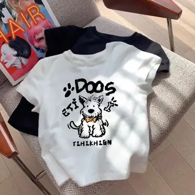 Kids Cotton Dog Print T-Shirt Red Short Sleeve