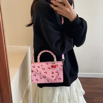 Pink Cherry Print Women Shoulder Bag 2025