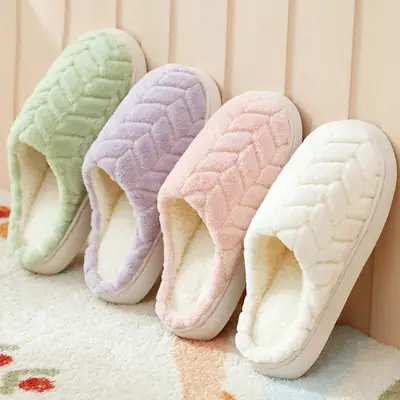 New Maple Leaf Cotton Slippers for Women, Autumn and Winter Indoor Home Non-Slip Couple Style Thick-Soled Plus Fleece Slippers for Men