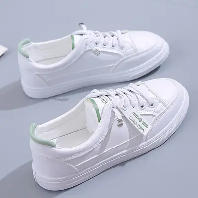 Women White Casual Leather Sneakers with Green Accent