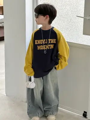 Boys Long Sleeve T-Shirt Navy Yellow 2025 Cotton