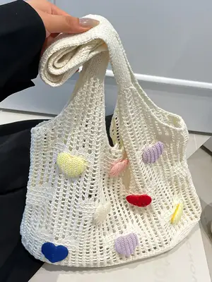 Women's Knitted Flower Tote Bag Large Capacity Summer 2025