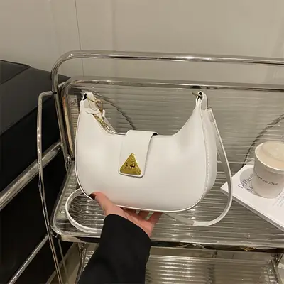 White Leather Shoulder Bag for Women with Gold Triangle Logo