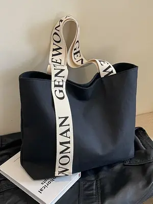 Large Capacity Canvas Shoulder Bag with Letter Strap for Women