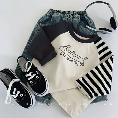 Boys Cotton Graphic T-Shirt Black White Moon Dog