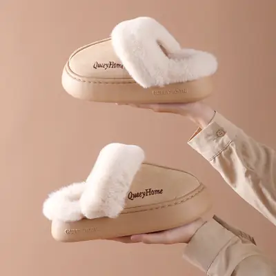 Thick-Soled Fashionable Home Cotton Slippers with High Heels, Plush Winter Women's Slippers, Fleece-Lined and Thickened for Warmth, Casual and Suitable for Outdoor Wear