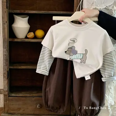 Kids Cartoon Long Sleeve T-Shirt Brown Pants Set