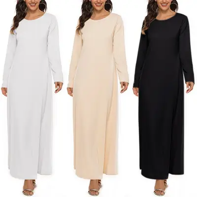 Long Sleeve Muslim Prayer Wear Beige Round Neck Dress