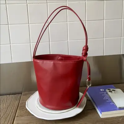 Red Leather Bucket Bag for Women Large Capacity Shoulder Bag