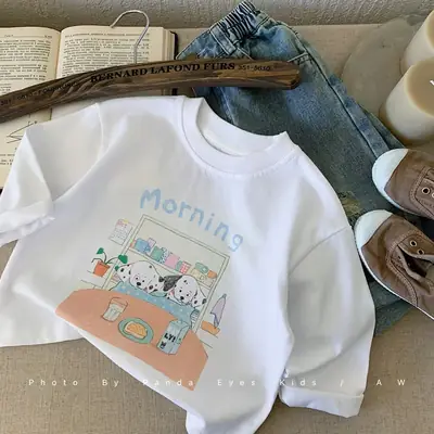 Japanese Style Boys T-Shirt White Morning Cartoon Print