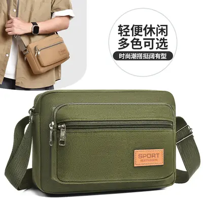 Men's Green Canvas Shoulder Bag with Adjustable Strap
