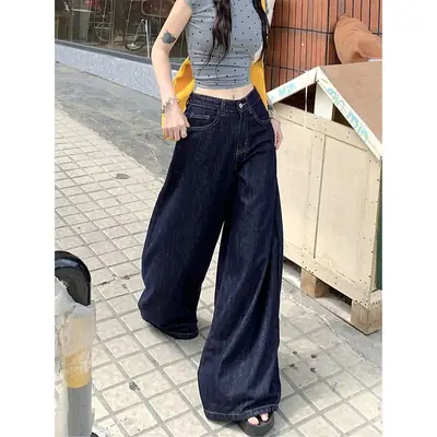 Dark Blue Wide Leg High Waist Jeans for Women 2025