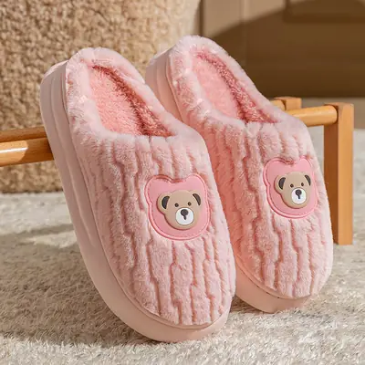 Pink Cartoon Slippers for Men Winter Indoor Warm Fleece Lined