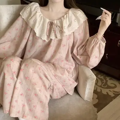 Round Neck Large Lapel Lace Cloud Cotton Pajamas for Women Korean Style Spring and Autumn Long-Sleeved Long Pants Sweet Home Wear Women's Set