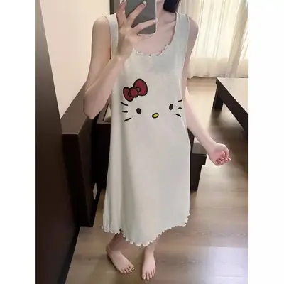 Cartoon Cat Vest Nightgown for Women, Thin, Large Size, Loose Sleeveless Pajamas, Home Wear, Can Be Worn Outside, Lazy Style, Short Style