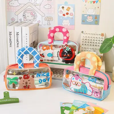 Transparent Cartoon Pencil Bag Student Handbag Portable Large Capacity Multifunctional Shoulder Bag Storage Bag Stationery Pencil Bag Office