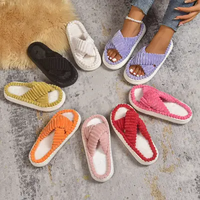 Cross-Border Amazon Ins European and American Style Furry Cross-Strap Cotton Slippers for Women, Skin-Friendly Plush Cotton Slippers for Women Wholesale