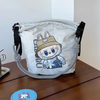 Adjustable Embroidered Zipper Bucket Bag for Girls