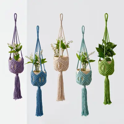 New Cross-Border Woven Flower Pot Hanging Net Bag Cotton Thread Gardening Green Plant Flower Pot Hanging Basket Handmade Woven Flower Pot Hanging Net