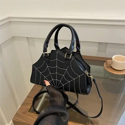 Black Spider Web Textured Handbag for Women