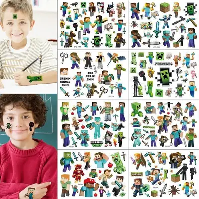 Minecraft Children's Tattoo Stickers for Boys, Waterproof, Long-Lasting, Cute Cartoon Water Transfer Stickers for Girls and Boys