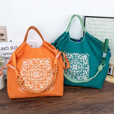 New Japanese-Style Embroidered Tote Bag Orange Green
