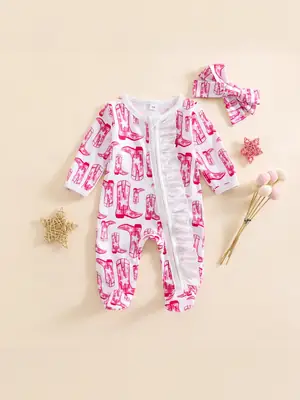 25 New Autum Baby Rompers Western Cowboy High Heels Long-Sleeves Pants Set