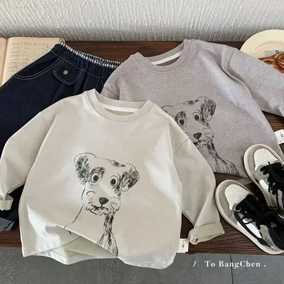 Kids Cartoon Dog Long Sleeve T-Shirt Cream