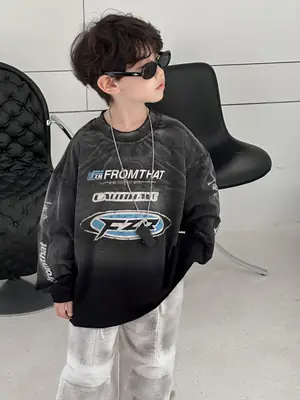 Boys Sweatshirt Black Cotton Loose Long Sleeve Autumn 2025
