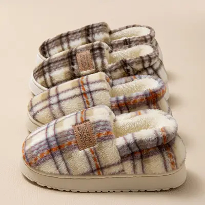 Women Cotton Plaid Slippers Warm Winter Indoor