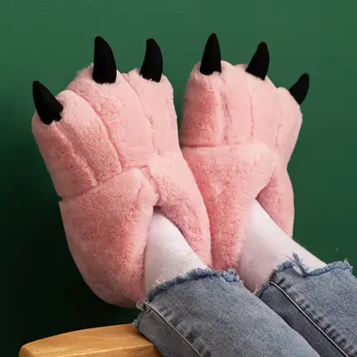 Cartoon Bear Paw Stuffed Cotton Shoes Big Feet Winter Indoor Slippers Cute Cat Claw Christmas Home Warm Heels