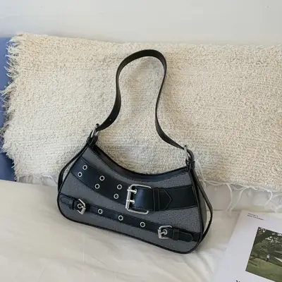 Black Korean Fashion Motorcycle Handheld Bag Women 2025