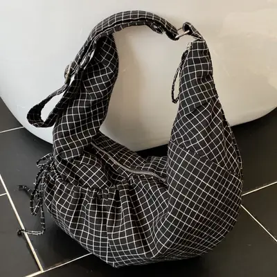 Drawstring Canvas Bag Plaid Design Women's Commuter Bag