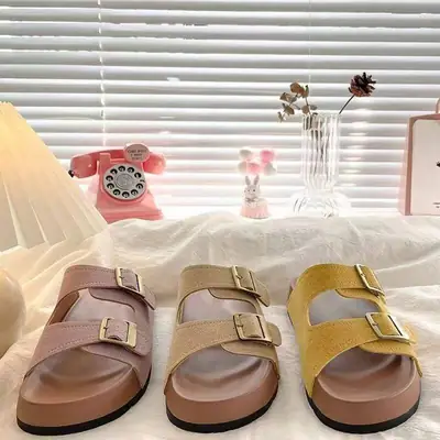 Women's Turquoise French Birkenstock Slippers with Gold Buckles