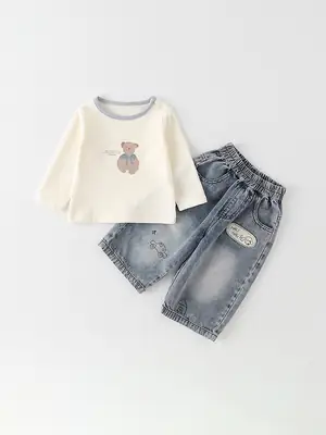 Baby Boy Cotton T-Shirt Shorts Set Cream Denim