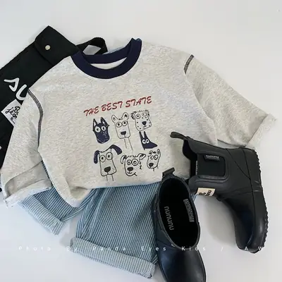Boys Cotton Graphic T-Shirt Gray Spring Autumn Set