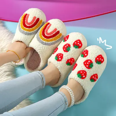 Cross-Border Halloween Mushroom Popular Winter Peach Heart Cotton Slippers for Women Indoor Home Warm Rainbow Fur Slippers Wholesale