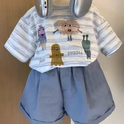 Boys Cartoon Print Cotton Shorts Set Blue Striped