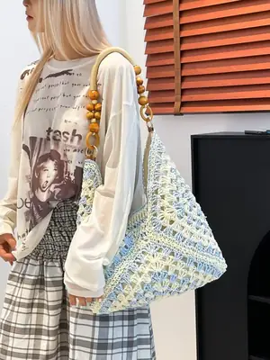 Women Straw Woven Bag Seaside Beach Hollow Shoulder Tote 2026
