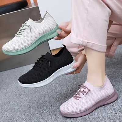 Women Fly-Knit Casual Shoes Black White Pink