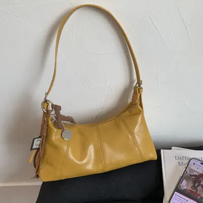 Women's Yellow Leather Shoulder Bag 2025 New Niche Design