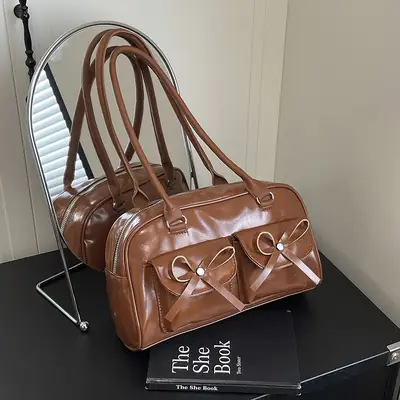 Brown Leather Bow Shoulder Bag for Women 2025