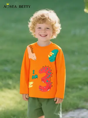 Orange Long Sleeve Kids T-Shirt Dinosaur Print
