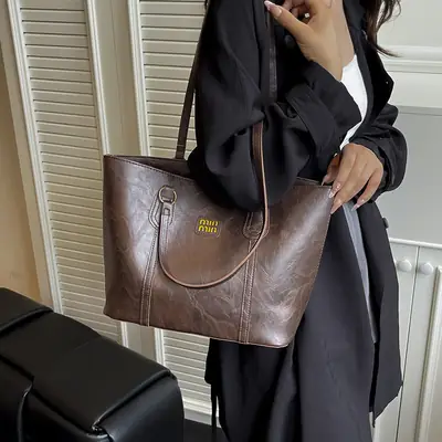 Women's Brown Leather Shoulder Tote Bag 2025 Summer
