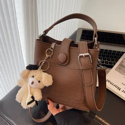 Women's Brown Leather Crossbody Bag with Teddy Bear Keychain