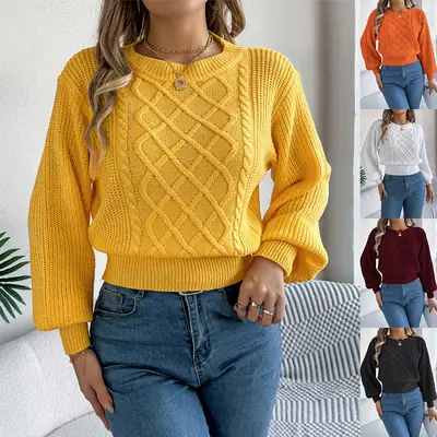 Yellow Knitted Twist Pullover Sweater for Women