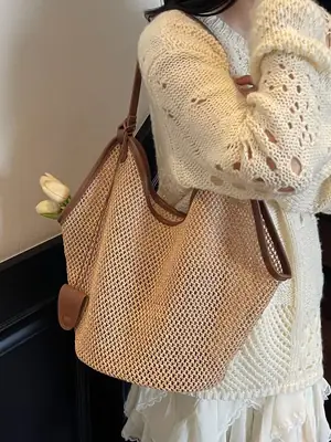 French Straw Bag Lazy Style Woven Large Capacity Shoulder Tote