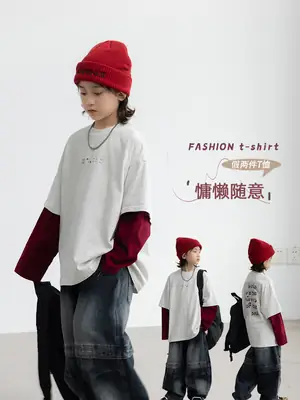 Boys Fake Two-Piece Long Sleeve T-Shirt White Red